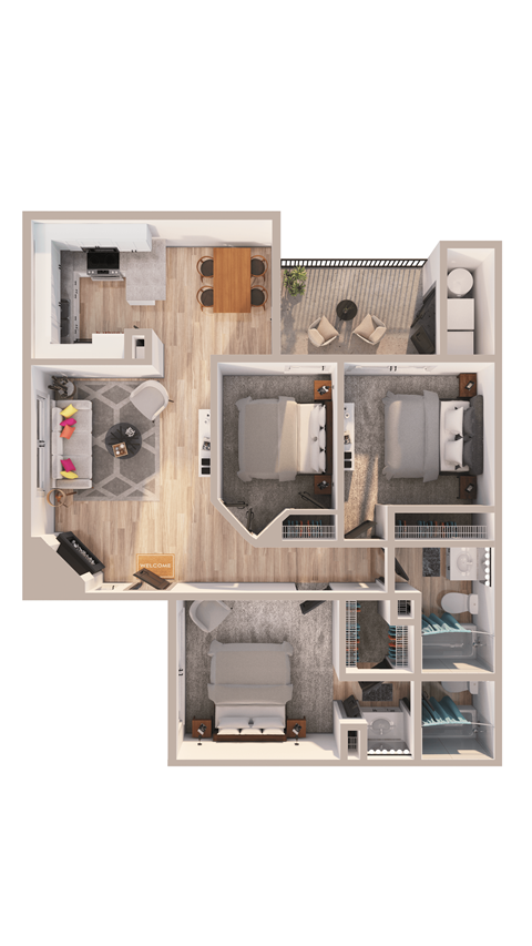 Floor plan for 3 beds, 2 baths, 1066 sqft